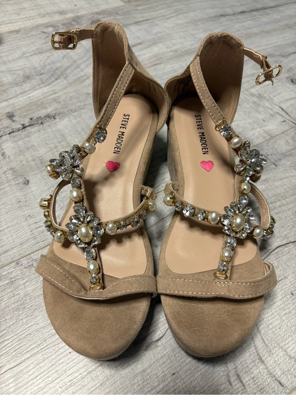 Steve Madden Embellished T-Strap Nude Sandals with Pearl & Crystal Accents